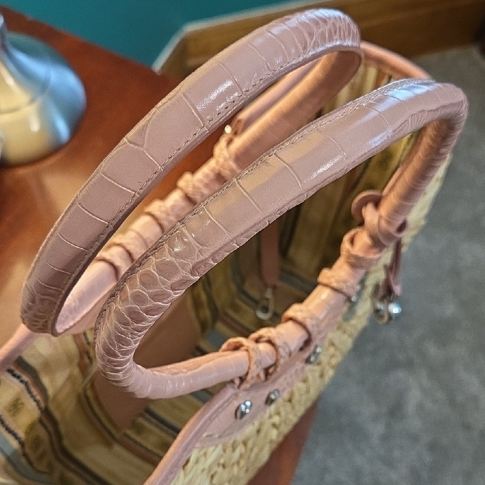 Brighton Straw Structured Tote Bag With Pink Faux Croc Embossed Leather Trim - Picture 2 of 14